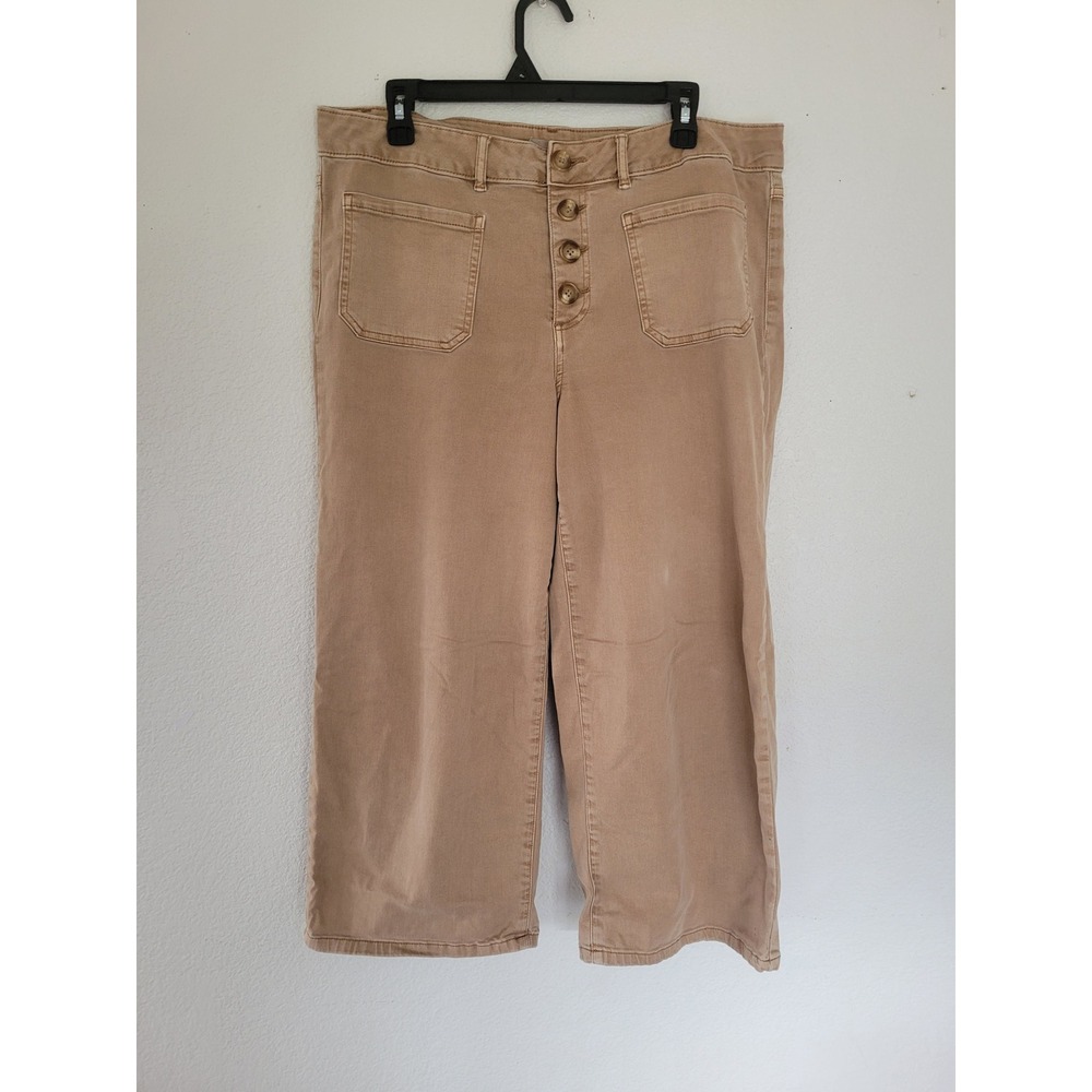 Tribal Jeans Audrey Mid Rise Wide Leg Capri Pants Tan Khaki Button Fly 14 #19